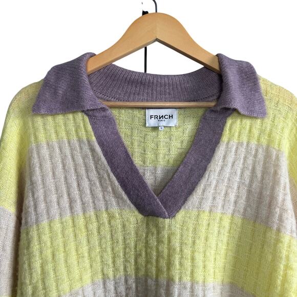 French Paris Yellow & Cream Striped Purple Collared Knit Sweater Size Medium - Picture 2 of 6